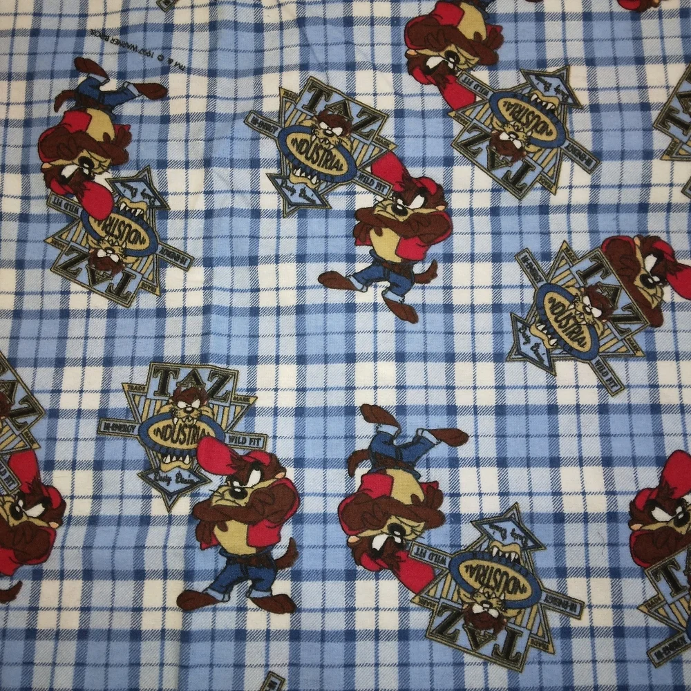 FABRIC Tasmanian Devil On Blue Plaid Flannel, Warner Brothers Licensed, c. 1997